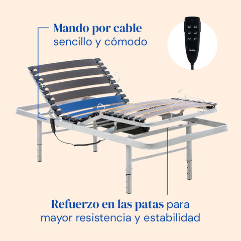 Cama articulada con patas regulables, mando por cable sencillo y cómodo. Refuerzo en las patas para mayor resistencia y estabilidad