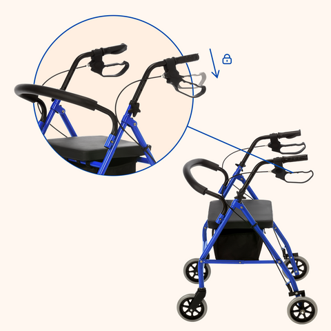 Déambulateur pour personnes âgées | 4 roues | Freins sur le guidon | Pliable | Bleu