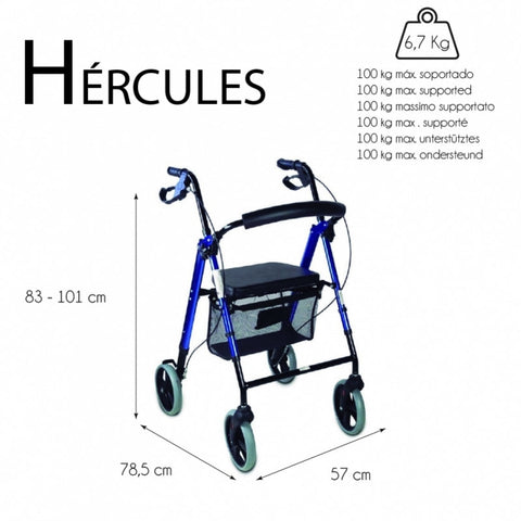 Déambulateur pliable Rollator avec 4 grandes roues couleur bleue