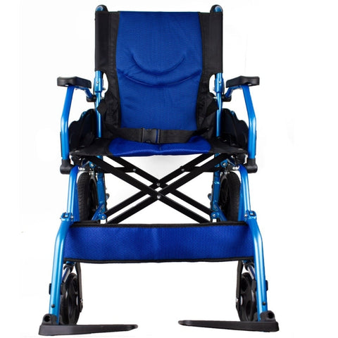 Fauteuil roulant pliant en aluminium avec freins à levier bleu