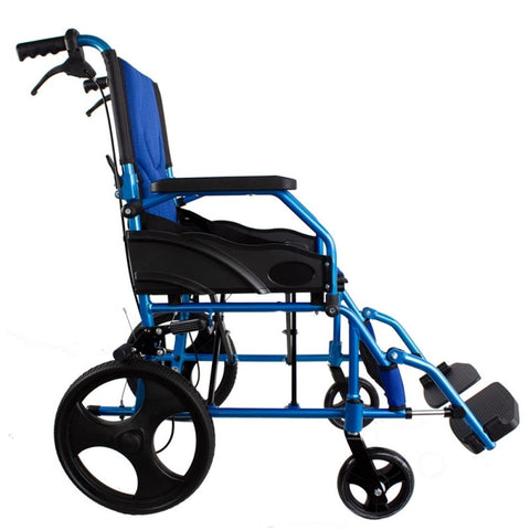 Fauteuil roulant pliant en aluminium avec freins à levier bleu