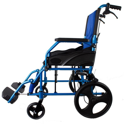 Fauteuil roulant pliant en aluminium avec freins à levier bleu