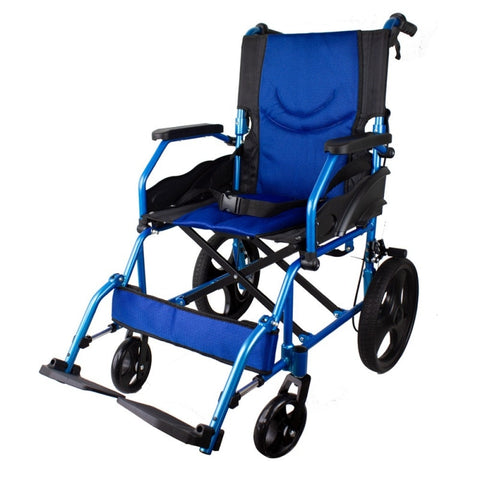 Fauteuil roulant pliant en aluminium avec freins à levier bleu