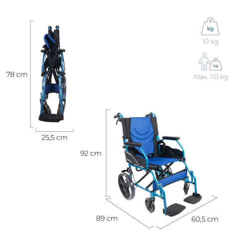 Fauteuil roulant pliant en aluminium avec freins à levier bleu