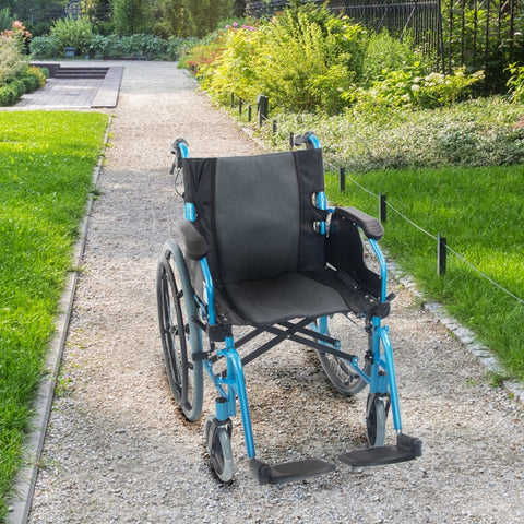 Fauteuil roulant pliant avec dossier divisé et accoudoirs rabattables couleur bleue