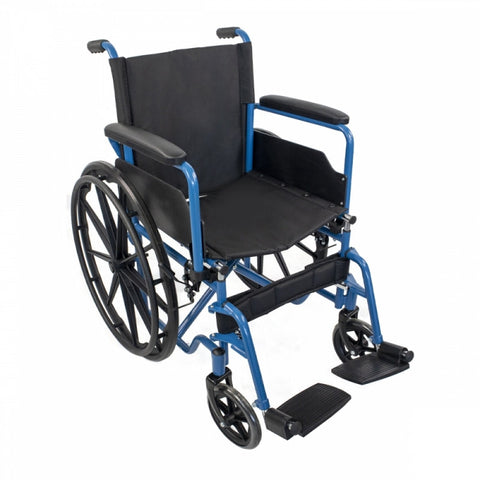 Fauteuil roulant pliant à grandes roues amovibles coloris bleu