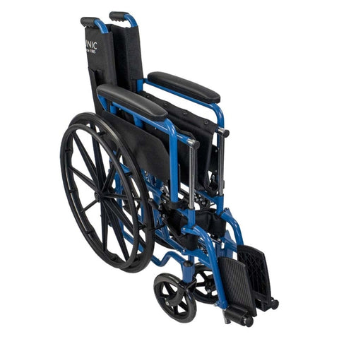 Fauteuil roulant pliant à grandes roues amovibles coloris bleu