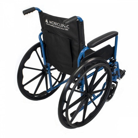 Fauteuil roulant pliant à grandes roues amovibles coloris bleu