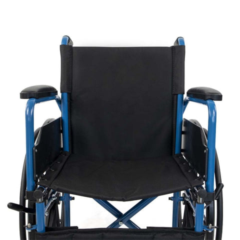 Fauteuil roulant pliant à grandes roues amovibles coloris bleu