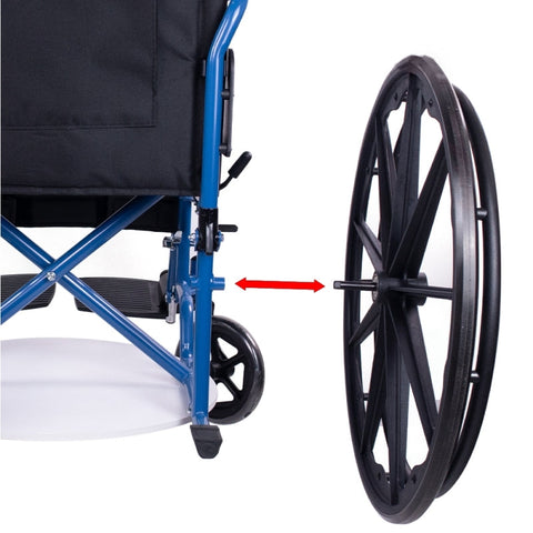 Fauteuil roulant pliant à grandes roues amovibles coloris bleu